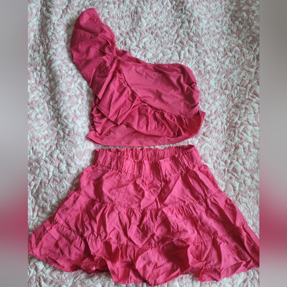 Pink One-Shoulder Ruffle Top and Skirt Set